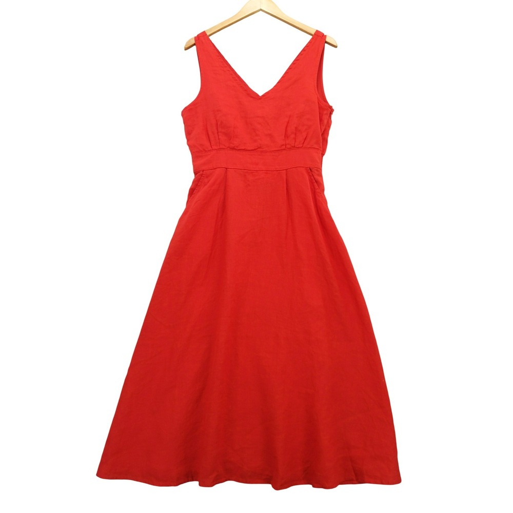 Cynthia Rowley Linen Midi‎ Dress Women 10 Red V-Neck Sleeveless Smocked READ